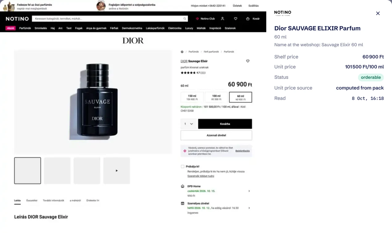 Evidence: a perfume product page image beside the fields read from it, shelf price, unit price, status and reading time